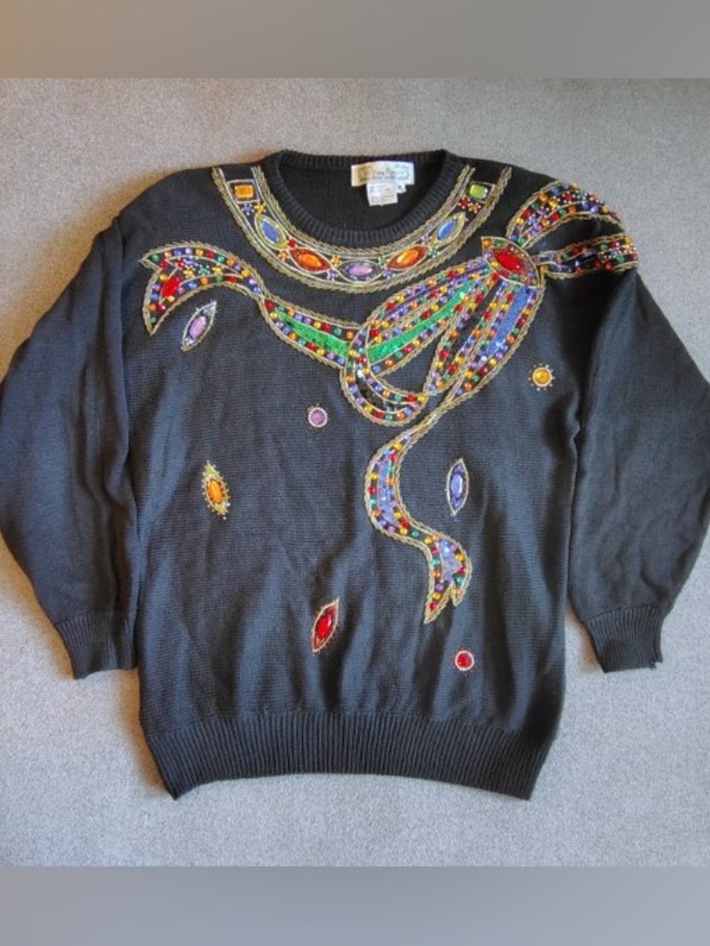Vtg 80s Embellished Knit Sweater Women M Black  Multicolor Retro Glam Bow